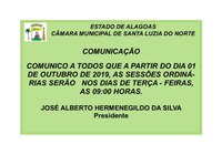 Câmara muda dia e Horário das Sessões a partir de Outubro de 2019.